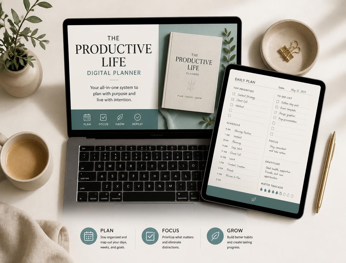 Daily Tasks digital planner and workbook shown on a laptop and tablet