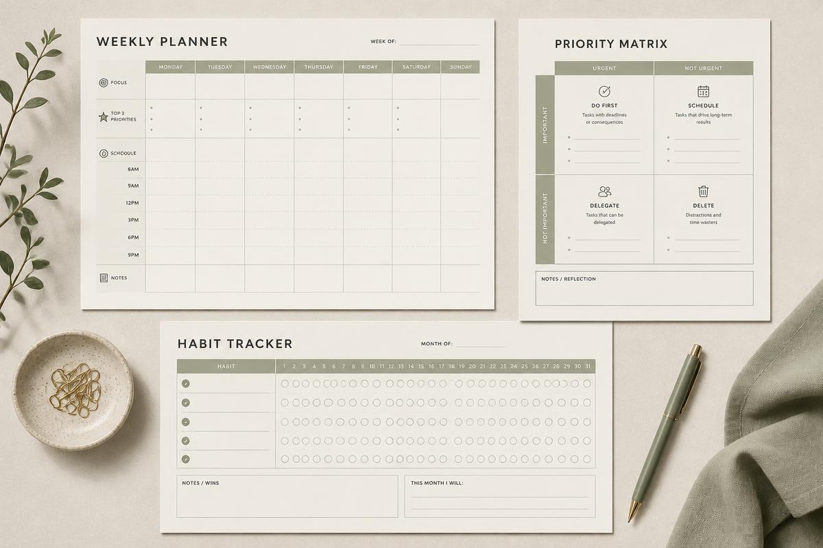 Weekly planner, priority matrix and habit tracker pages from Daily Tasks